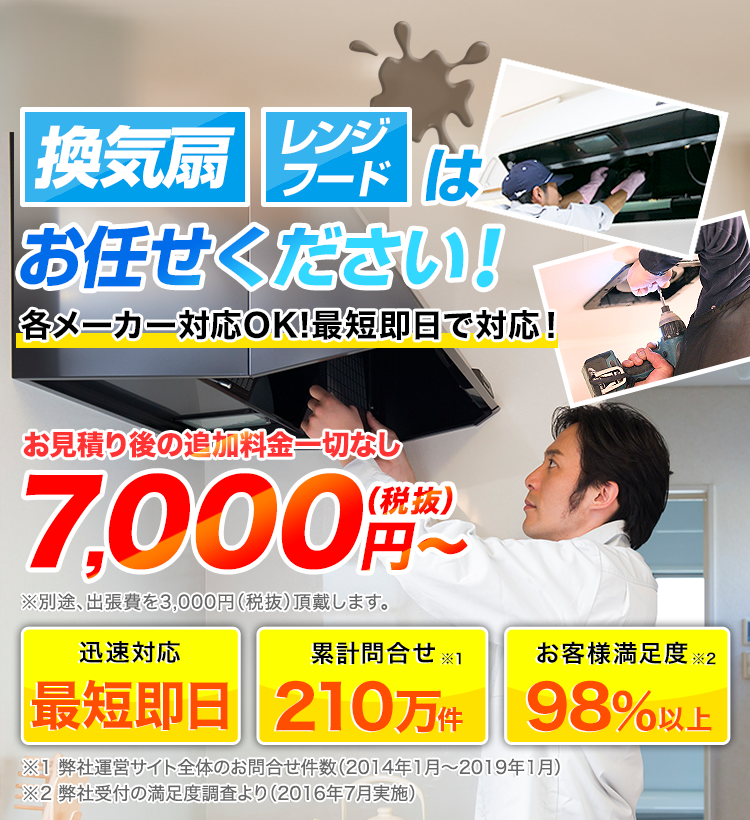 換気扇・レンジフードはお任せください！ 各メーカー対応OK 最短即日で対応 お見積り後の追加料金一切なし 8,800円（税込）～