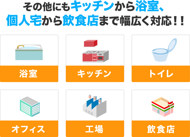 キッチン・オフィス・飲食店...etc、どこでも対応可能!浴室/キッチン/トイレ/オフィス/工場/飲食店