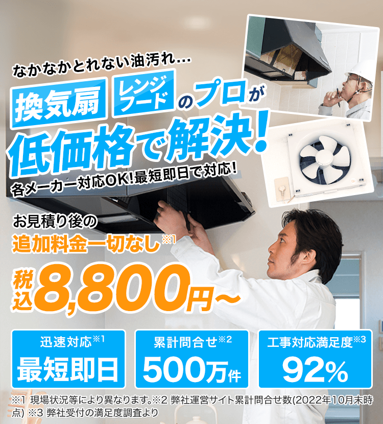 なかなかとれない油汚れ… 換気扇のプロが低価格で解決！年間受付500万件 工事対応満足度92%以上